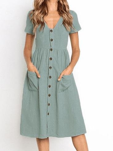 Fashion V-neck Button Pocket Short Sleeve Dress - Mini Dresses - INS | Online Fashion Free Shipping Clothing, Dresses, Tops, Shoes - 01/06/2021 - Color_Black - Color_Blue