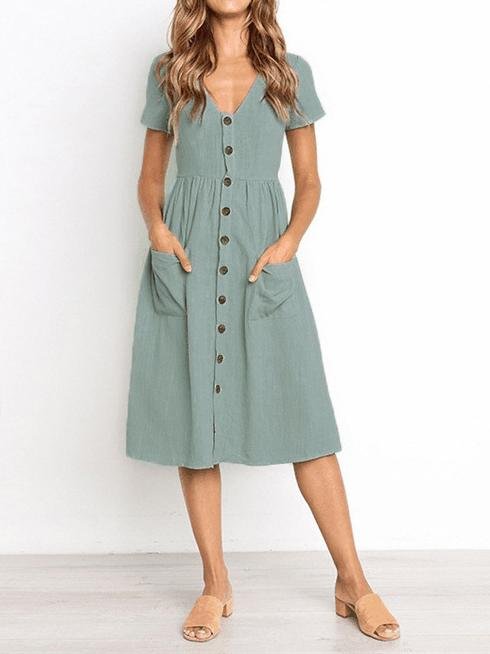 Fashion V-neck Button Pocket Short Sleeve Dress - Mini Dresses - INS | Online Fashion Free Shipping Clothing, Dresses, Tops, Shoes - 01/06/2021 - Color_Black - Color_Blue