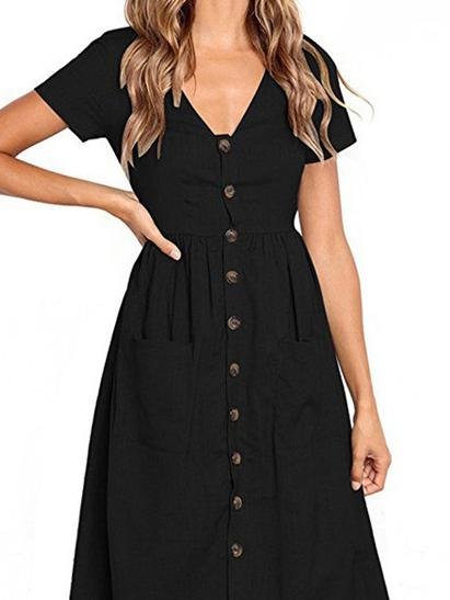Fashion V-neck Button Pocket Short Sleeve Dress - Mini Dresses - INS | Online Fashion Free Shipping Clothing, Dresses, Tops, Shoes - 01/06/2021 - Color_Black - Color_Blue