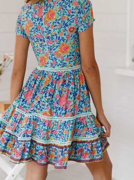 Fashion V-neck Cutout Short Sleeve Bohemian Print Dress - Mini Dresses - INS | Online Fashion Free Shipping Clothing, Dresses, Tops, Shoes - 01/06/2021 - Color_Blue - Color_White