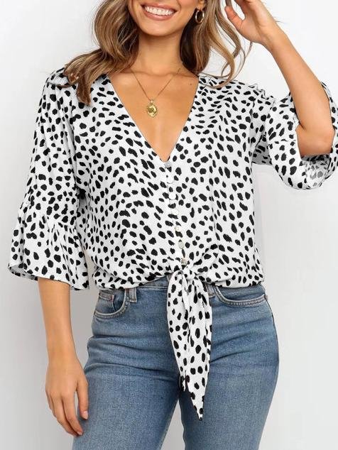 Fashion V-neck Flared Sleeve Knotted Top - Blouses - INS | Online Fashion Free Shipping Clothing, Dresses, Tops, Shoes - 11/06/2021 - BLO2106110096 - Blouses