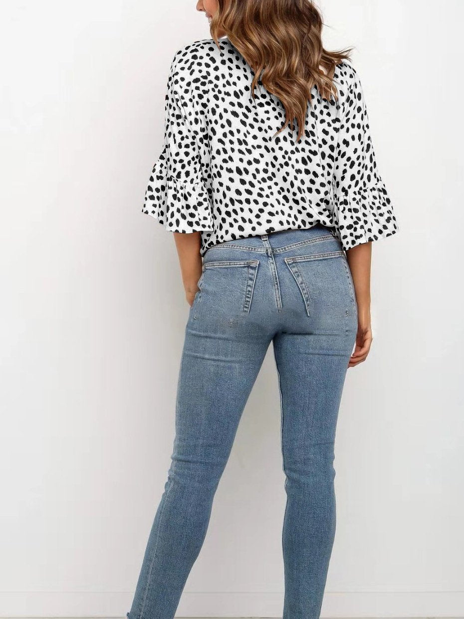 Fashion V-neck Flared Sleeve Knotted Top - Blouses - INS | Online Fashion Free Shipping Clothing, Dresses, Tops, Shoes - 11/06/2021 - BLO2106110096 - Blouses