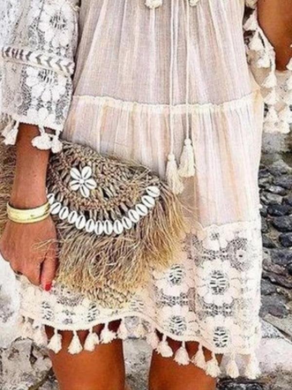 Fashion V-neck Lace Fringed Mini Dress - Mini Dresses - INS | Online Fashion Free Shipping Clothing, Dresses, Tops, Shoes - 24/05/2021 - Color_Light Blue - Color_Pink