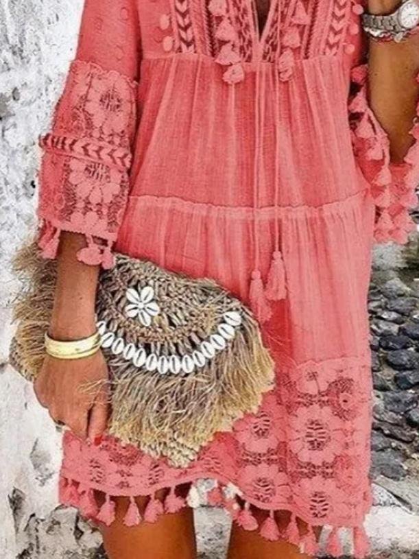 Fashion V-neck Lace Fringed Mini Dress - Mini Dresses - INS | Online Fashion Free Shipping Clothing, Dresses, Tops, Shoes - 24/05/2021 - Color_Light Blue - Color_Pink