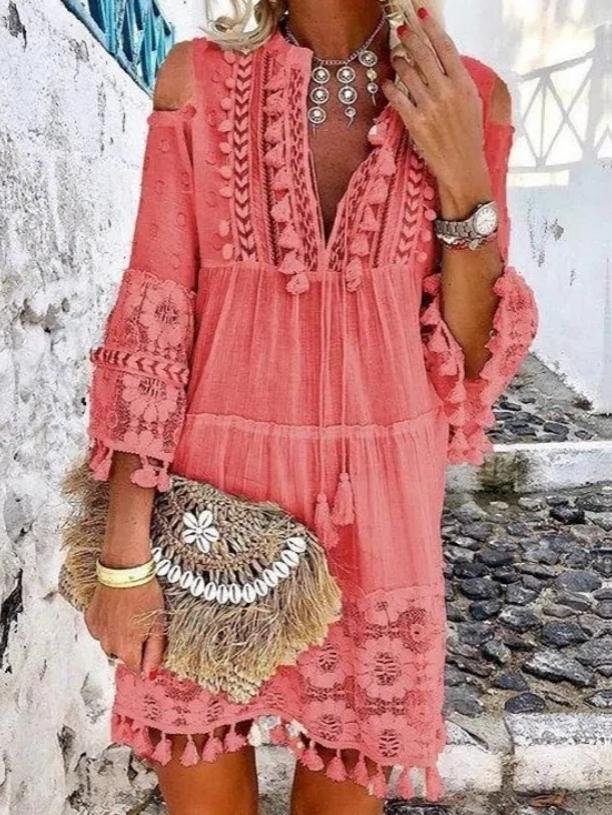 Fashion V-neck Lace Fringed Mini Dress - Mini Dresses - INS | Online Fashion Free Shipping Clothing, Dresses, Tops, Shoes - 24/05/2021 - Color_Light Blue - Color_Pink
