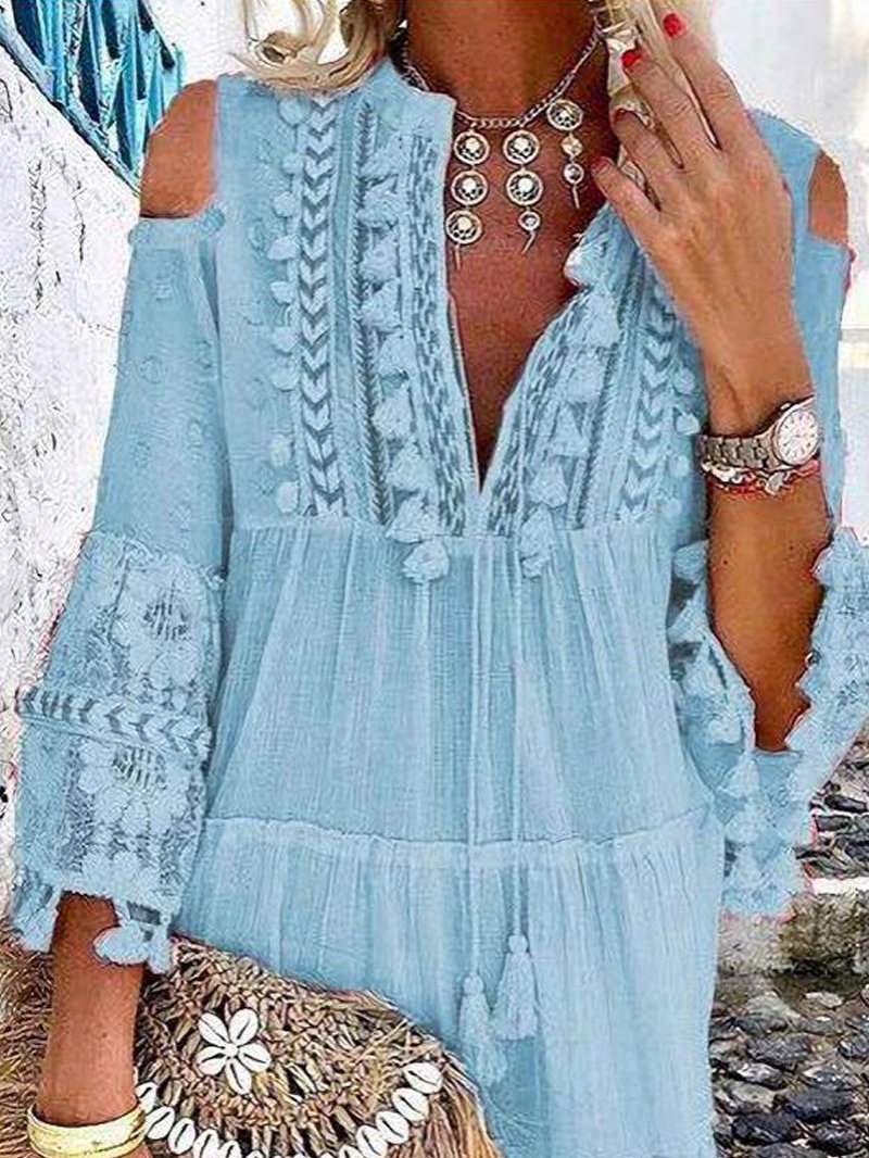 Fashion V-neck Lace Fringed Mini Dress - Mini Dresses - INS | Online Fashion Free Shipping Clothing, Dresses, Tops, Shoes - 24/05/2021 - Color_Light Blue - Color_Pink