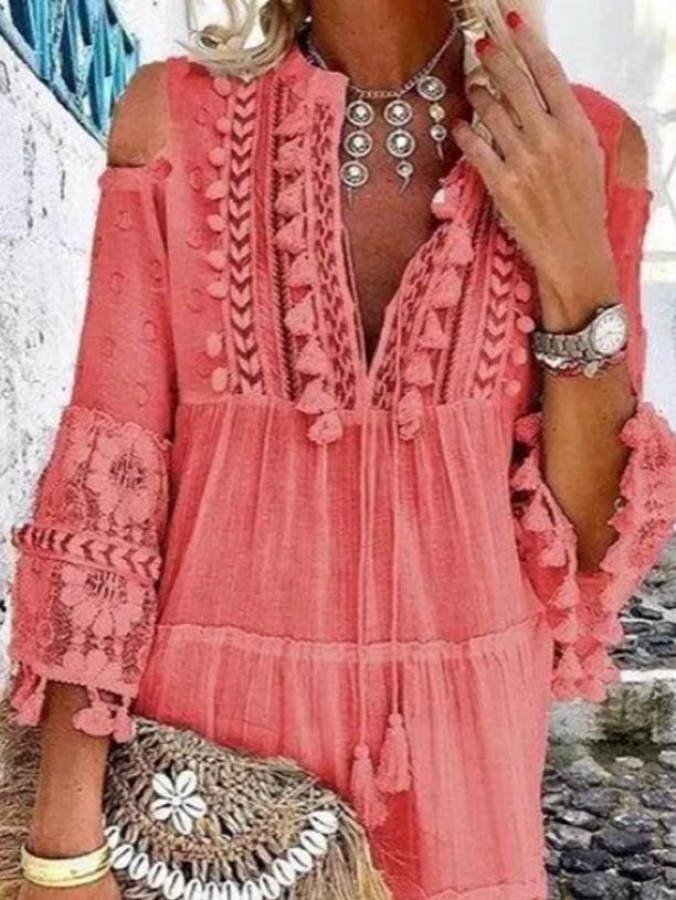 Fashion V-neck Lace Fringed Mini Dress - Mini Dresses - INS | Online Fashion Free Shipping Clothing, Dresses, Tops, Shoes - 24/05/2021 - Color_Light Blue - Color_Pink