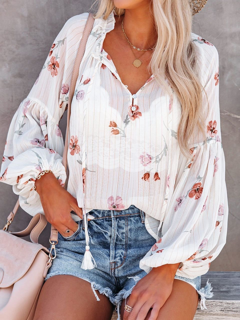 Fashion V-neck Lantern Sleeve Chiffon Blouse - Blouses - INS | Online Fashion Free Shipping Clothing, Dresses, Tops, Shoes - 11/06/2021 - BLO2106110093 - Blouses