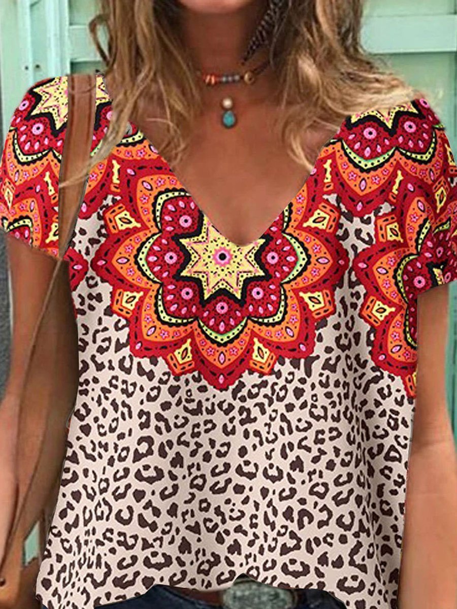 Fashion V-neck Leopard Floral Print Short Sleeve T-shirt - T-shirts - INS | Online Fashion Free Shipping Clothing, Dresses, Tops, Shoes - 24/05/2021 - Color_Leopard - LXQ