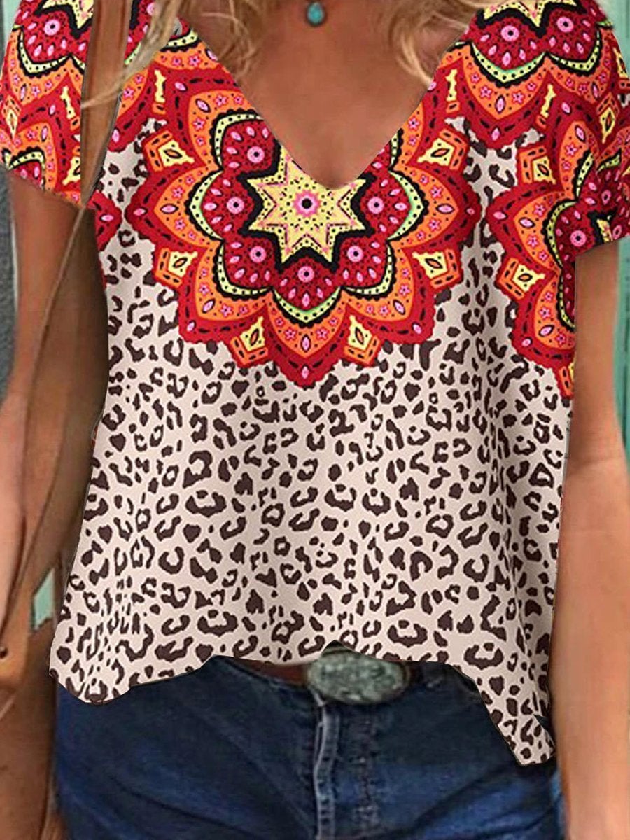 Fashion V-neck Leopard Floral Print Short Sleeve T-shirt - T-shirts - INS | Online Fashion Free Shipping Clothing, Dresses, Tops, Shoes - 24/05/2021 - Color_Leopard - LXQ