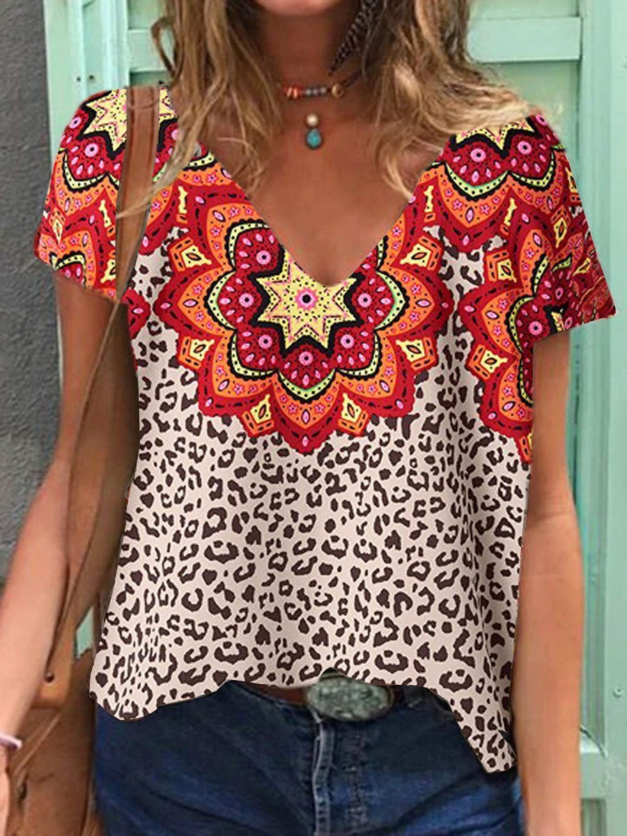 Fashion V-neck Leopard Floral Print Short Sleeve T-shirt - T-shirts - INS | Online Fashion Free Shipping Clothing, Dresses, Tops, Shoes - 24/05/2021 - Color_Leopard - LXQ
