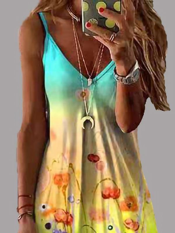 Fashion V-neck Print Suspender Dress - Maxi Dresses - INS | Online Fashion Free Shipping Clothing, Dresses, Tops, Shoes - 10/06/2021 - Color_Blue - Color_Green