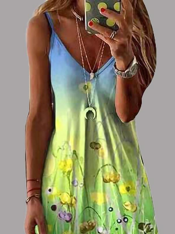 Fashion V-neck Print Suspender Dress - Maxi Dresses - INS | Online Fashion Free Shipping Clothing, Dresses, Tops, Shoes - 10/06/2021 - Color_Blue - Color_Green