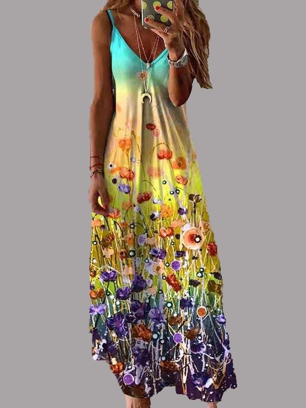 Fashion V-neck Print Suspender Dress - Maxi Dresses - INS | Online Fashion Free Shipping Clothing, Dresses, Tops, Shoes - 10/06/2021 - Color_Blue - Color_Green