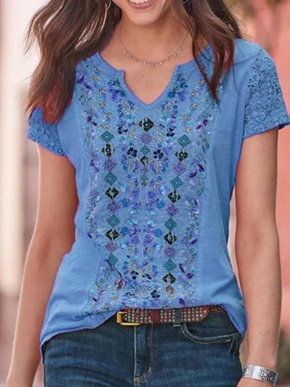 Fashion V-neck Stitching Short-sleeved T-shirt - T-shirts - INS | Online Fashion Free Shipping Clothing, Dresses, Tops, Shoes - 10-20 - 17/06/2021 - color-blue