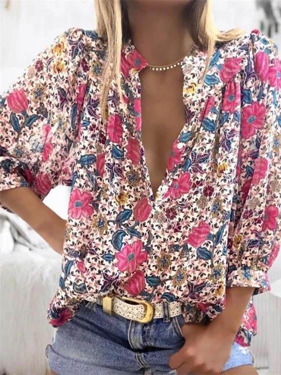 Fashion Women Printed V Neck Shirt - Blouses - INS | Online Fashion Free Shipping Clothing, Dresses, Tops, Shoes - 03/06/2021 - BLO2106030007 - Blouses