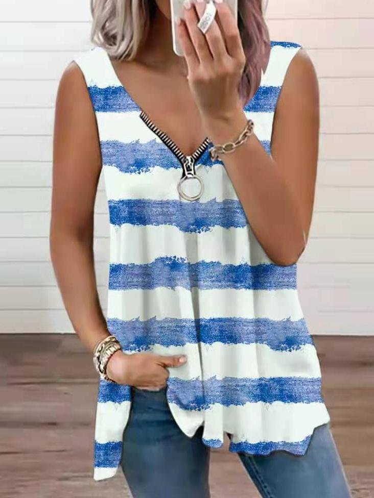 Fashion Zipper V-neck Striped Loose Vest - Tank Tops - INS | Online Fashion Free Shipping Clothing, Dresses, Tops, Shoes - 05/07/2021 - 10-20 - color-black