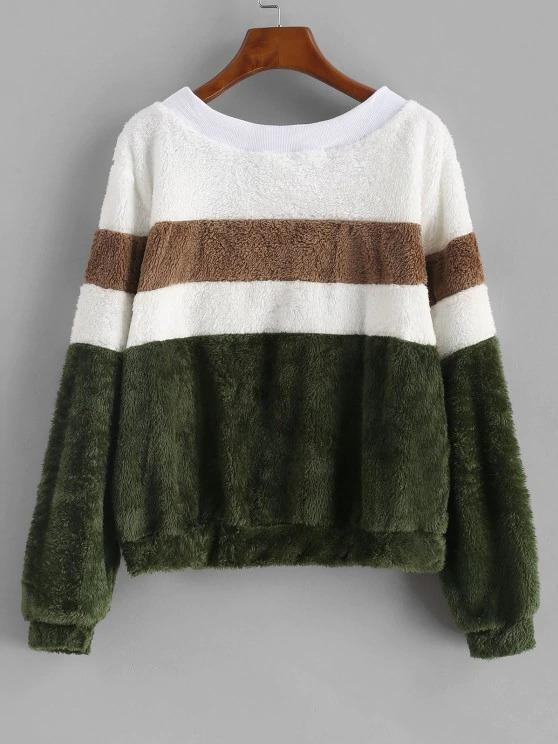 Faux Fur Colorblock Ribbed Neckline Sweatshirt - INS | Online Fashion Free Shipping Clothing, Dresses, Tops, Shoes