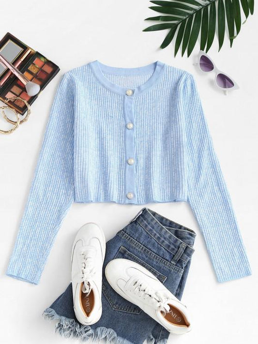 Faux Pearl Button Slim Textured Cardigan - INS | Online Fashion Free Shipping Clothing, Dresses, Tops, Shoes