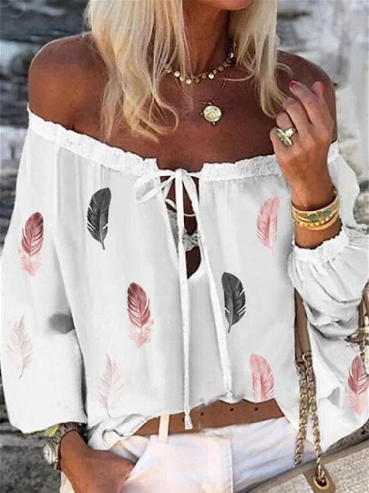 Feather Print Loose Chiffon Shirt - Blouses - INS | Online Fashion Free Shipping Clothing, Dresses, Tops, Shoes - 05/06/2021 - BLO2106050016 - Blouses
