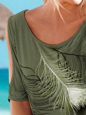 Feather Print Off-shoulder Round Neck T-shirt - T-shirts - INS | Online Fashion Free Shipping Clothing, Dresses, Tops, Shoes - 03/07/2021 - 10-20 - color-beige