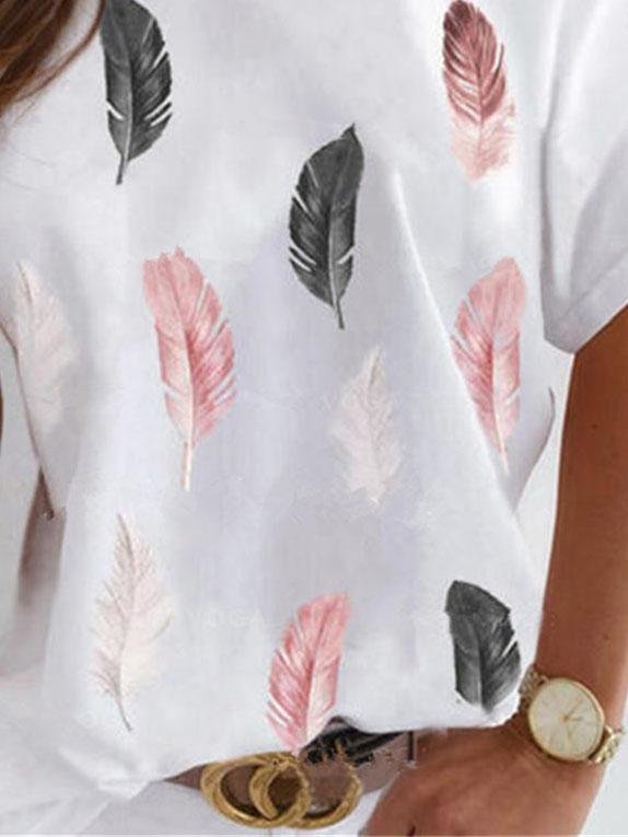 Feather Print Off Shoulder Short Sleeve Casual T-shirts - T-Shirts - INS | Online Fashion Free Shipping Clothing, Dresses, Tops, Shoes - 31/05/2021 - Category_T-Shirts - Category_Tops