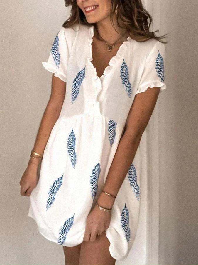 Feather Print Short Sleeve V-Neck Mini Dress - Mini Dresses - INS | Online Fashion Free Shipping Clothing, Dresses, Tops, Shoes - 20-30 - 28/06/2021 - Category_Mini Dresses