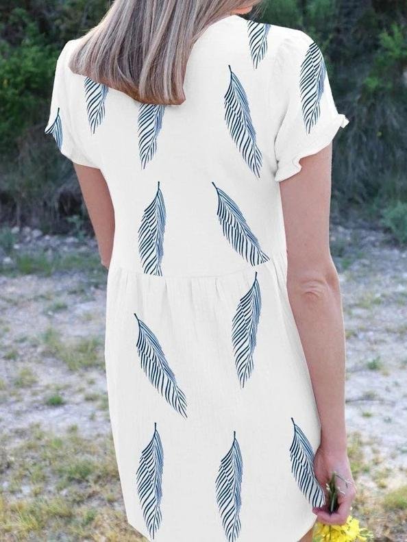 Feather Print Short Sleeve V-Neck Mini Dress - Mini Dresses - INS | Online Fashion Free Shipping Clothing, Dresses, Tops, Shoes - 20-30 - 28/06/2021 - Category_Mini Dresses