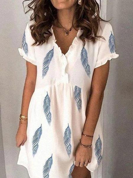 Feather Print Short Sleeve V-Neck Mini Dress - Mini Dresses - INS | Online Fashion Free Shipping Clothing, Dresses, Tops, Shoes - 20-30 - 28/06/2021 - Category_Mini Dresses
