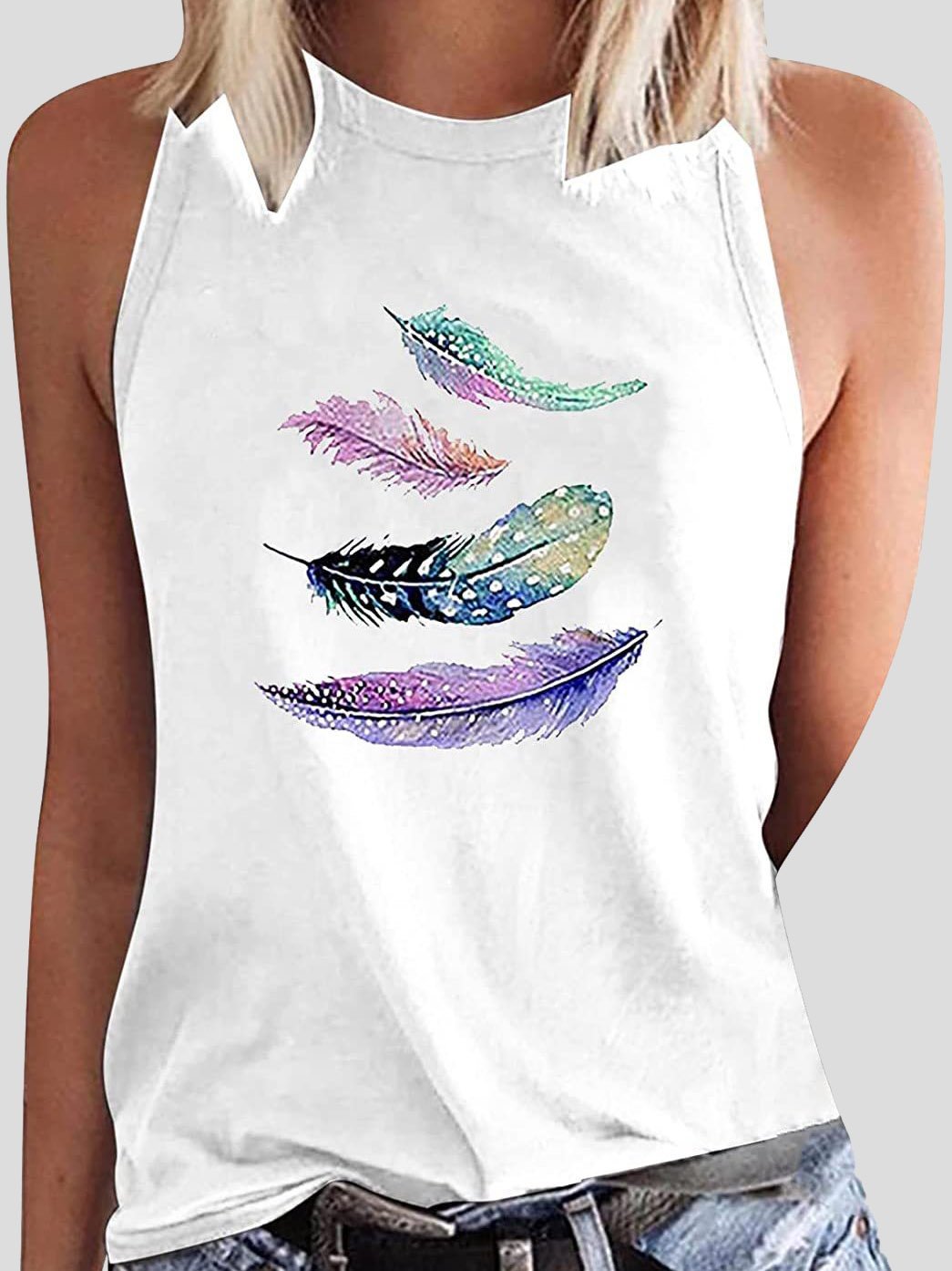 Feather Print Sleeveless Casual Tank Tops - Tank Tops - INS | Online Fashion Free Shipping Clothing, Dresses, Tops, Shoes - 10-20 - 26/07/2021 - Category_Tank Tops