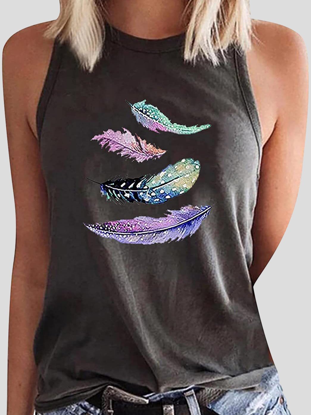 Feather Print Sleeveless Casual Tank Tops - Tank Tops - INS | Online Fashion Free Shipping Clothing, Dresses, Tops, Shoes - 10-20 - 26/07/2021 - Category_Tank Tops