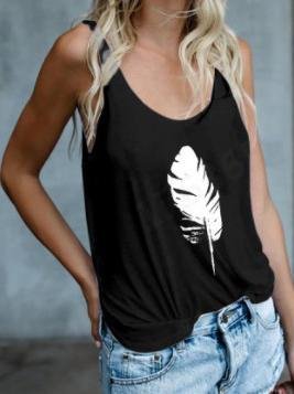 Feather Print U-neck Tank Top - Tank Tops - INS | Online Fashion Free Shipping Clothing, Dresses, Tops, Shoes - 02/07/2021 - 10-20 - color-black