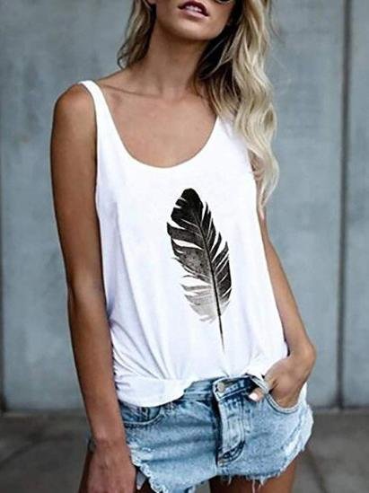 Feather Print U-neck Tank Top - Tank Tops - INS | Online Fashion Free Shipping Clothing, Dresses, Tops, Shoes - 02/07/2021 - 10-20 - color-black