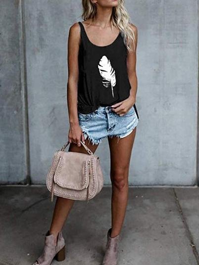 Feather Print U-neck Tank Top - Tank Tops - INS | Online Fashion Free Shipping Clothing, Dresses, Tops, Shoes - 02/07/2021 - 10-20 - color-black