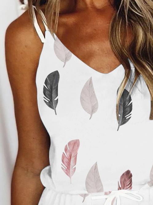 Feather Print V-neck Suspender Dress - Mini Dresses - INS | Online Fashion Free Shipping Clothing, Dresses, Tops, Shoes - 08/06/2021 - Color_Black - Color_White