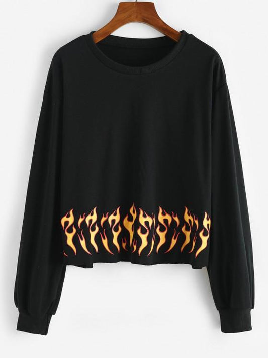 Flame Print Raw Hem Sweatshirt - INS | Online Fashion Free Shipping Clothing, Dresses, Tops, Shoes