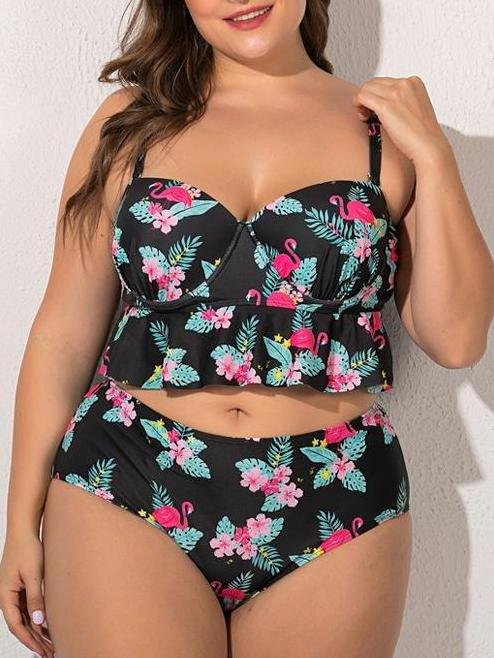 Flamingo Printed Ruffle Hem High Waist Swimsuit - Plus Swimsuits - INS | Online Fashion Free Shipping Clothing, Dresses, Tops, Shoes - 22/04/2021 - Catagory_Plus Bikinis - Catagory_Plus Swimsuits
