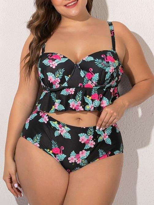 Flamingo Printed Ruffle Hem High Waist Swimsuit - Plus Swimsuits - INS | Online Fashion Free Shipping Clothing, Dresses, Tops, Shoes - 22/04/2021 - Catagory_Plus Bikinis - Catagory_Plus Swimsuits