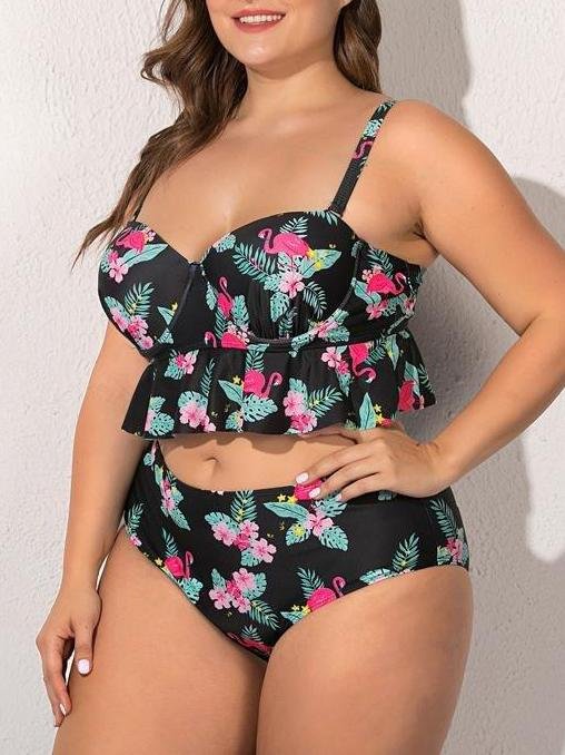 Flamingo Printed Ruffle Hem High Waist Swimsuit - Plus Swimsuits - INS | Online Fashion Free Shipping Clothing, Dresses, Tops, Shoes - 22/04/2021 - Catagory_Plus Bikinis - Catagory_Plus Swimsuits