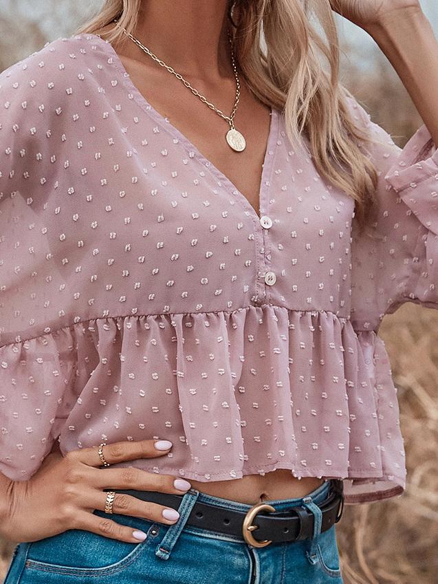 Flared Sleeve V-Neck Jacquard Blouses - Blouses - INS | Online Fashion Free Shipping Clothing, Dresses, Tops, Shoes - 17/06/2021 - 20-30 - Category_Blouses