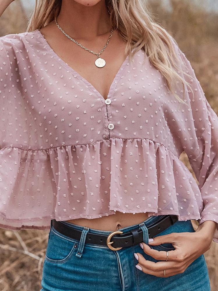 Flared Sleeve V-Neck Jacquard Blouses - Blouses - INS | Online Fashion Free Shipping Clothing, Dresses, Tops, Shoes - 17/06/2021 - 20-30 - Category_Blouses