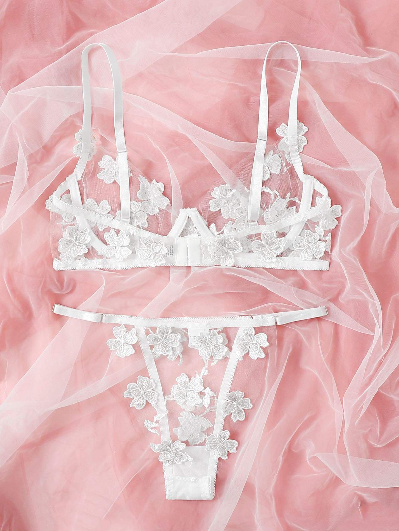 Floral Appliques Mesh Underwire Lingerie Set - INS | Online Fashion Free Shipping Clothing, Dresses, Tops, Shoes
