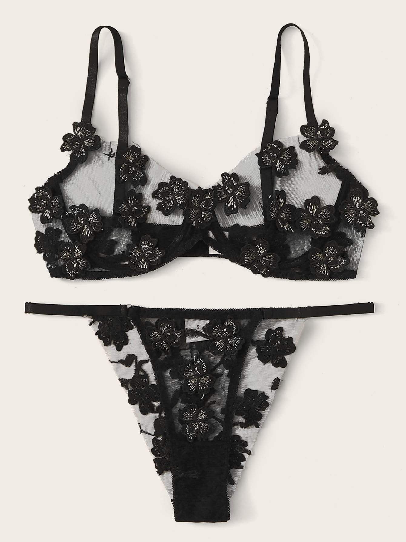 Floral Appliques Mesh Underwire Lingerie Set - INS | Online Fashion Free Shipping Clothing, Dresses, Tops, Shoes