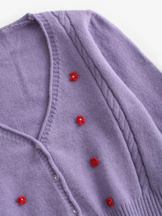 Floral Embellished Rolled Trim Cable Knit Cardigan - INS | Online Fashion Free Shipping Clothing, Dresses, Tops, Shoes