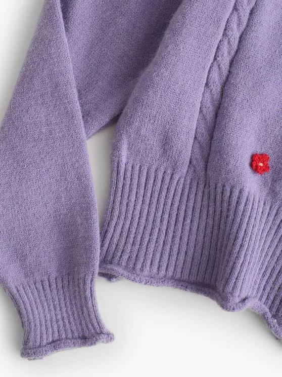 Floral Embellished Rolled Trim Cable Knit Cardigan - INS | Online Fashion Free Shipping Clothing, Dresses, Tops, Shoes