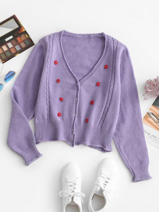 Floral Embellished Rolled Trim Cable Knit Cardigan - INS | Online Fashion Free Shipping Clothing, Dresses, Tops, Shoes