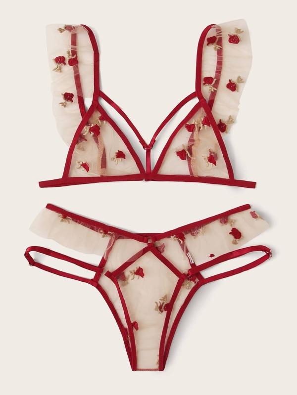 Floral Embroidered Mesh Harness Lingerie Set - INS | Online Fashion Free Shipping Clothing, Dresses, Tops, Shoes