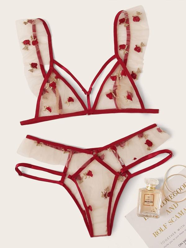Floral Embroidered Mesh Harness Lingerie Set - INS | Online Fashion Free Shipping Clothing, Dresses, Tops, Shoes