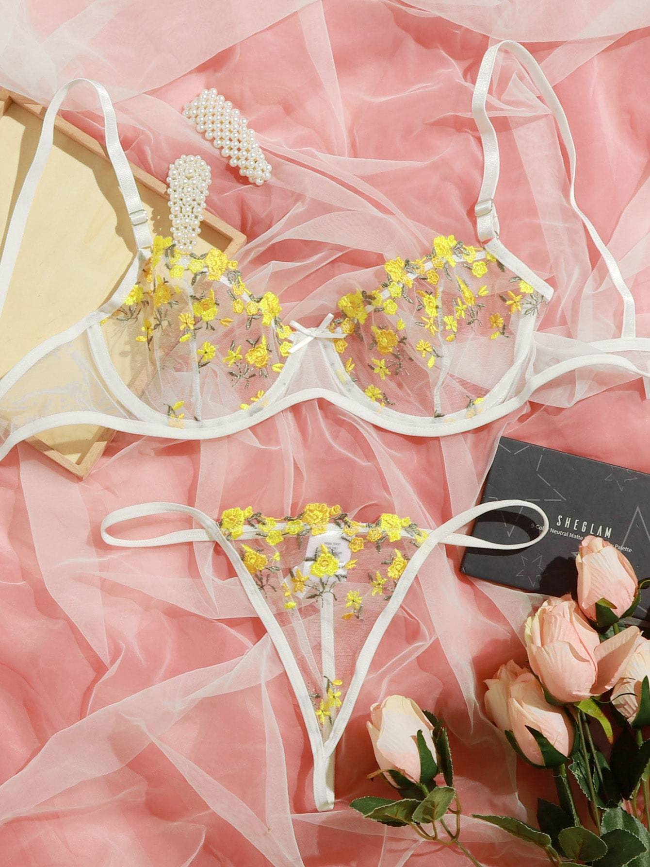 Floral Embroidered Mesh Underwire Lingerie Set - INS | Online Fashion Free Shipping Clothing, Dresses, Tops, Shoes