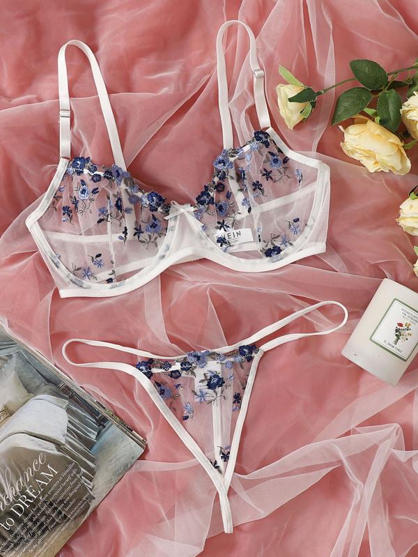 Floral Embroidered Mesh Underwire Lingerie Set - INS | Online Fashion Free Shipping Clothing, Dresses, Tops, Shoes